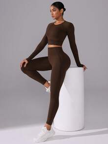 Eassivo Eassivo Ensemble de sport sans couture pour femmes avec t-shirt à manches raglan de couleur unie et leggings taille haute - Multicolore - Voir 6