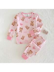 THE HAPPY LOOK Young Girl Cartoon Bear Pattern Knit Soft Crew Neck Long Sleeve Top And Elastic Waist Long Pants Snug Fit 2-Piece Pajama Set Bow Pjs Kids Pj Set Girl Pink Pink Pajama Set Teddy Bear Pajama Set Bow Pajama Set - Multicolor - View 3