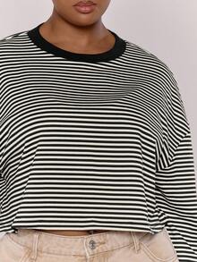 MUSERA Áo croptop tay dài kẻ sọc cỡ lớn, thích hợp mặc hàng ngày, thường ngày, dễ thương, ấm áp, mùa xuân hè, lễ Phục sinh. - Đen và trắng - Xem 2