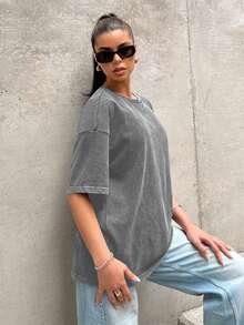 SHEIN EZwear Áo thun dáng rộng dệt kim màu xám cổ điển đau khổ - Xám - Xem 5