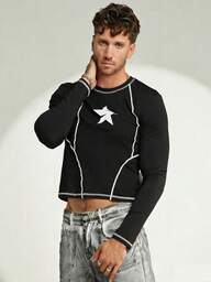 FeverCity Camiseta de manga larga con estampado de estrella y pespunte de contraste, de corte cropped, de moda casual y urbana para hombre, para primavera/otoño