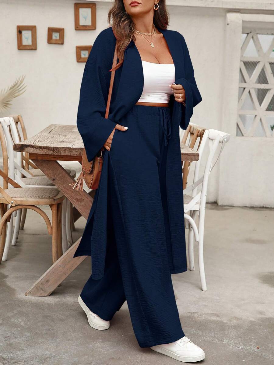 EMERY ROSE Elegant Plus Size Navy Blue Woven Fabric Two Piece Set Long Sleeve Drop Shoulder Top And Pants Fall - Navy Blue - View 1