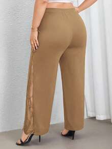SHEIN PETITE CURVE 加大码黑色优雅高腰阔腿裤，侧开衩设计，蕾丝薄纱拼接，适合日常穿着和通勤，春夏皆宜。 - 駝色 - 查看 2