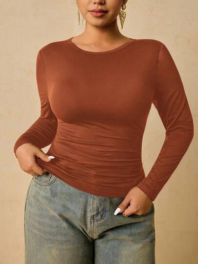 Freevana Plus Size Women Black Long Sleeve Round Neck Thermal Undershirt, Waist Ruched Tummy Control T-Shirt