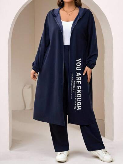 Veilorie 2 件套大码休闲标语印花连帽衫夹克和裤子套装，秋季 2 件套