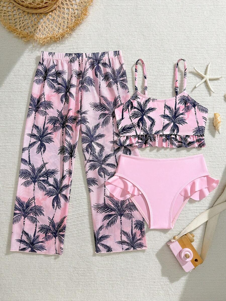SHEIN Vintaside Kids 女童三件套针织树纹比基尼套装,包含纯色和印花背心上衣,时尚设计,可爱泳装,适合海滩、游泳、度假和夏季穿着。 - 粉色 - 查看 1