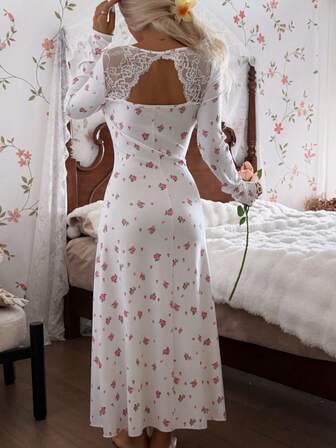 SHEIN Damen romantisches Blümchen-Kontrast-Spitzen-V-Ausschnitt Langarm A-Linien Nachthemd