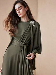 Arave Women's Green Chiffon Linen-Textured Fabric, Round Neck, Fitted Waist, Cape Sleeves, Full Skirt With Pleats, Long Tie-Waist, Diamond Brooch, And Metal Embellishments. Modern Party Long Dress. Elegant Dresses For Women, Party Clothes, Winter Clothes For Women, Halloween. New Year - Green - View 2