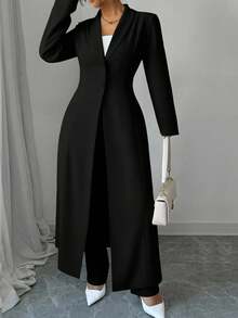 SHEIN Tall CURVE Elenzga 2pcs/Set Plus Size Women Solid Color Button Collar Long Jacket And Pants Suit - Black - View 6