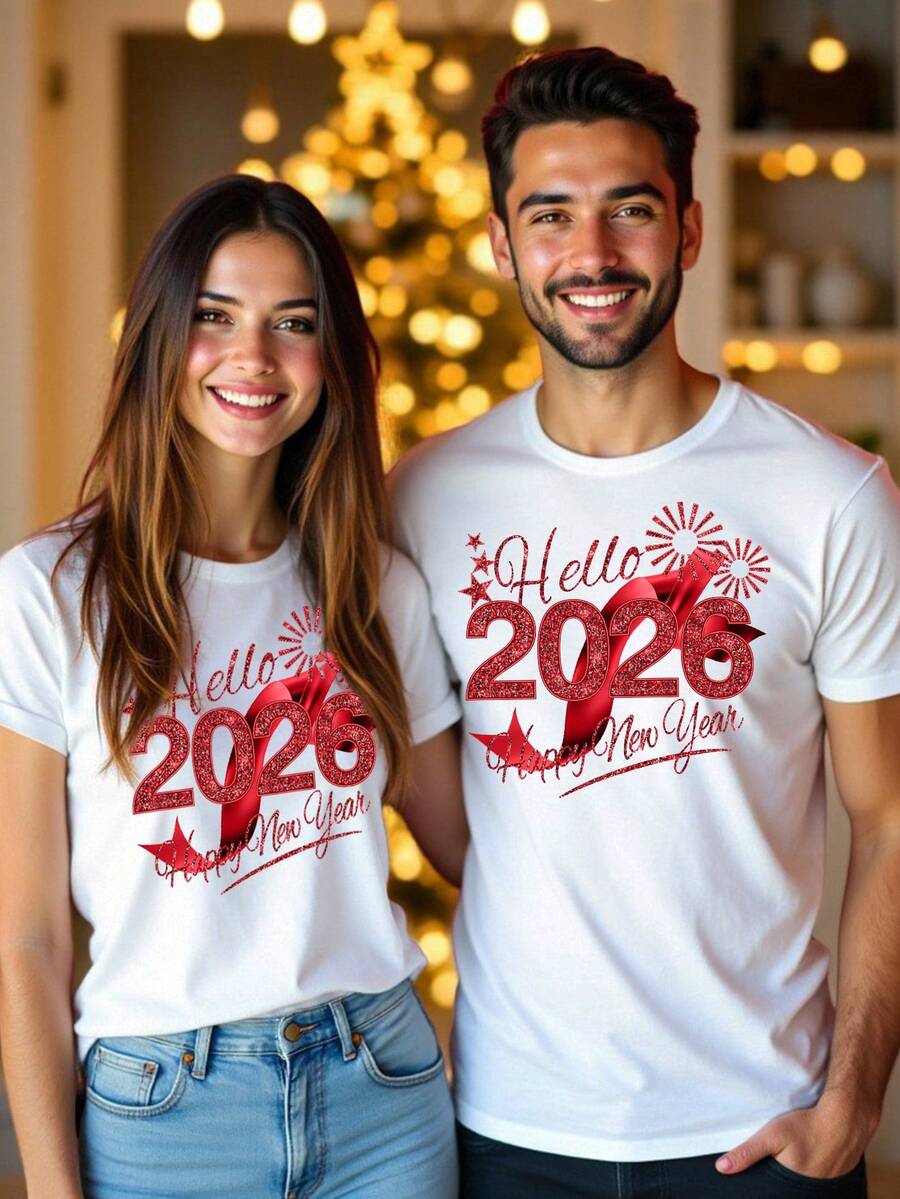 Manfinity Homme 男女通用“HELLO 2026”新年快乐白色T恤，节日金色丝带元素2026新年限量版情侣圆领T恤 - 白色 - 查看 1