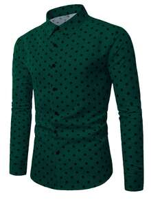 Manfinity Homme Loose Fit Men's Polka Dot Print Casual Long Sleeve Shirt Green Shirts For Men Mens Casual Tops Cheetah Print Men Shirt Men Casual Long Sleeve Shirts Men Fashion Shirt Old Money,Daily Leisure, Weekend Trips, Outdoor Activities, Travel Expeditions, Relaxed Work Environments Or Semi-Formal Occasions, Boyfriend/Husband Gift, Anniversary /Birthday Gift Party Christmas New Years Wedding - Dark Green - View 4