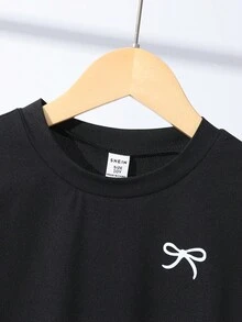 Sparklyn 3 件女童蝴蝶结印花腰部短袖 T 恤套装，包括灰色、粉色和黑色 - 灰色 - 查看 6