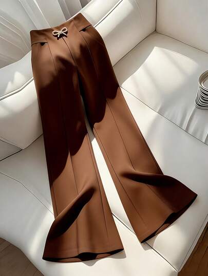 GlowEve Brown Retro New Women's Fashion Elegant High-End Split Pocket Elastic Waist Pants, Metal Bow Decor, Straight Leg Wide Leg Casual Trousers, Versatile For Daily Commute And Independence Day