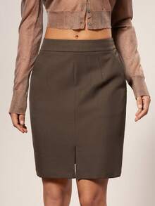 Hauture Women's Simple Sexy Office Daily Front Slit Suiting Fabric Tailored Pencil Skirt - Brown - View 2