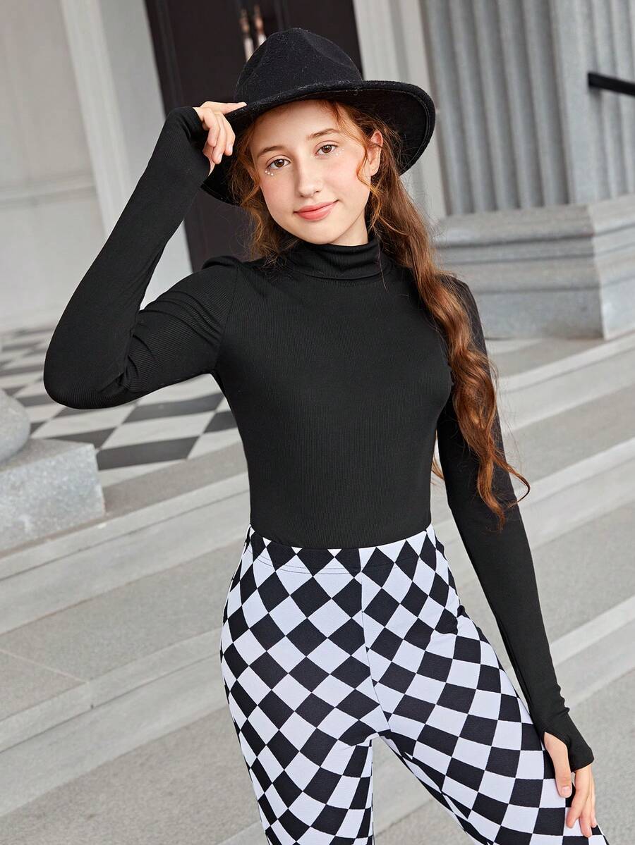 SHEIN 少女休闲纯色高领长袖T恤,适合春、秋、冬季穿着 - 黑色 - 查看 1