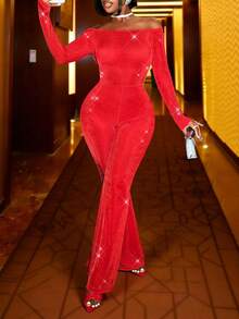 Slaydiva 新款秋冬婚礼季新年情人节休闲装适合日常约会、通勤、商务、淑女风、优雅风、海滩、邮轮派对、简约风、网红风、生日宴会、高端派对、晚礼服、性感单肩长袖喇叭裤和露背大码修身喇叭裤，以及超长红色亮片针织连体裤 -B - 紅色 - 查看 6