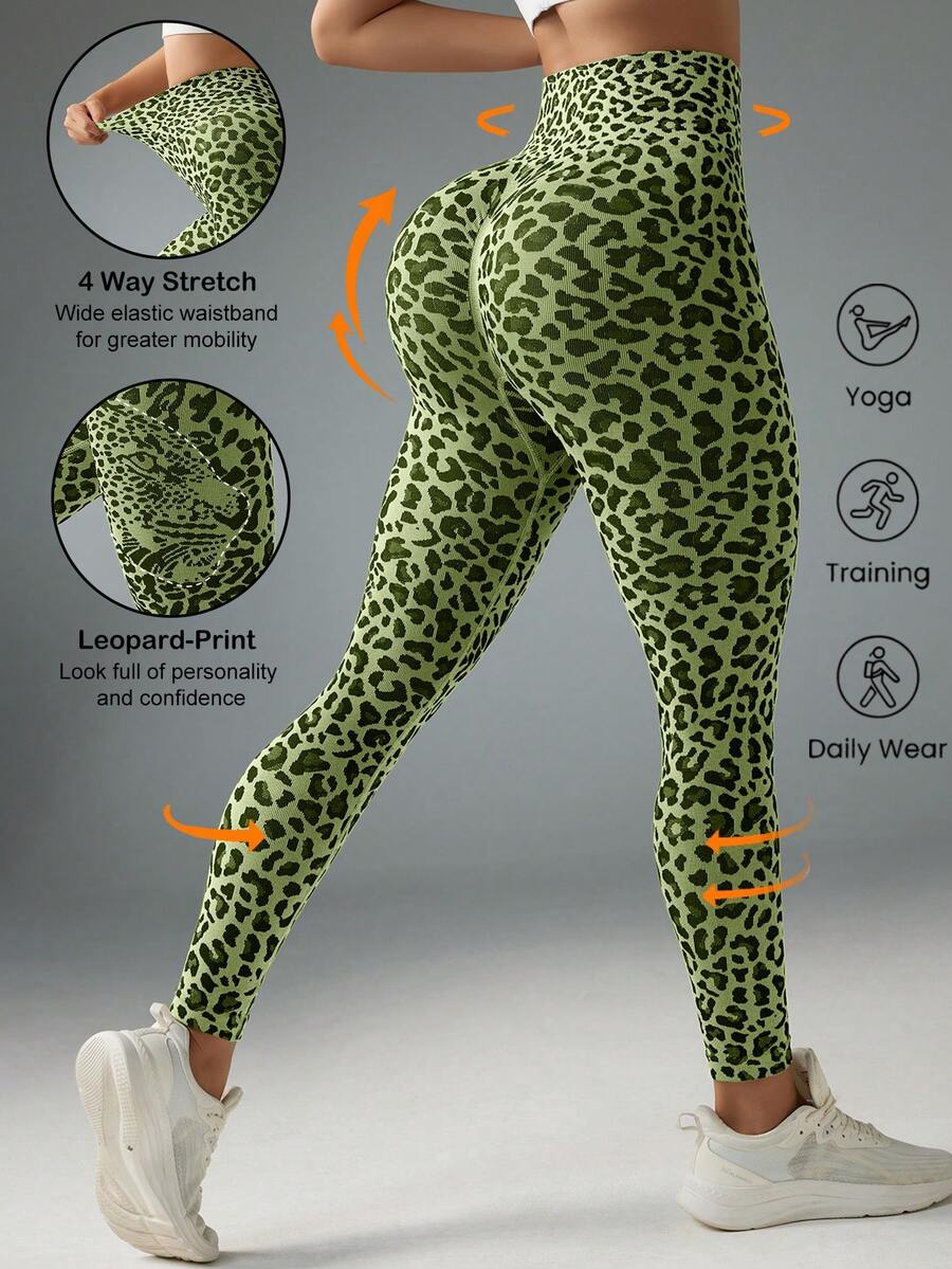 Slayform Women's Leopard Print High Waist Seamless Elastic Sports Leggings - Army Green - View 1