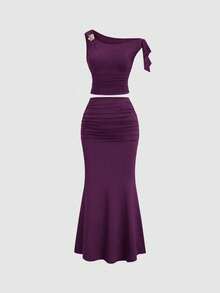 Sweetra 女士秋冬咖啡色金属花朵装饰无袖上衣和鱼尾裙两件套 - 紫色 - 查看 3