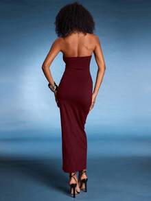 Normani Women's Autumn Metal Flower Decor Fitted Sexy Hollow Out Sleeveless Tube Top Jumpsuit Cut Out Maxi Dress Maroon Maxi Dress Strapless Maxi Dress Sexy Long Dress - Burgundy - View 3