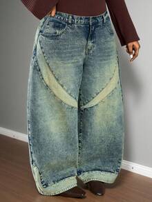 Truni Damen Große Größen Lässig Loose Weite Bein Knopf Taschen Jeans/2026/Neujahr - Blau - Übersicht 5