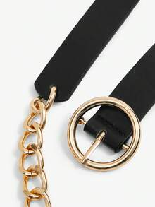 SHEIN Autumn New Arrival Metal Chain & Pu Leather Composite Women's Waist Belt, Matchable With Suit Shirt, Versatile Decorative Waist Chain Halloween Summer, School Fall, Autumn, Halloween - Black - View 3