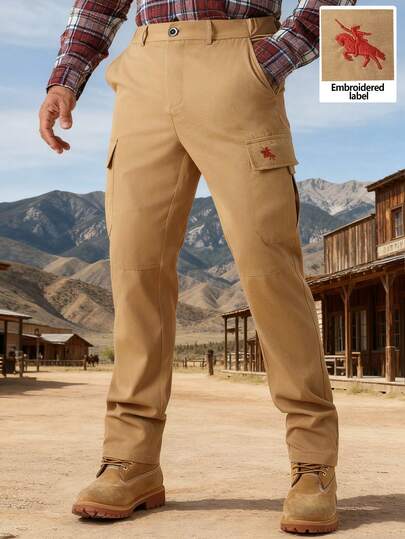 Manfinity Nomadique Celana Kargo Pria Warna Khaki Bordir Kasual Potongan Lurus Bahan Twill Tenun untuk Musim Gugur, Liburan, Aktivitas Luar Ruangan, Perjalanan, Santai Sehari-hari, Hadiah Gaya Klasik