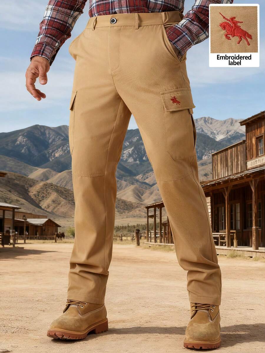 Manfinity Nomadique 男士卡其色刺绣休闲直筒斜纹布裤 米色男士长裤 男士卡其裤 男士工装运动裤 男士工装裤 工装裤 复古风格，适合日常休闲、周末旅行、户外活动、探险旅行、轻松的工作环境或半正式场合，可作为男友/丈夫礼物、周年纪念/生日礼物、派对、圣诞节、新年、婚礼礼物 - 卡其色 - 查看 1