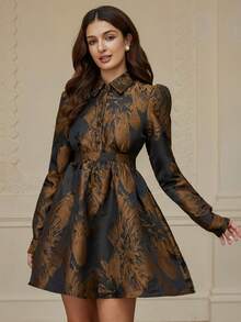 Revavyn Contrast Color Jacquard Fabric Collared Open Front Cinched Waist A-Line Elegant Vintage Versatile Women Long Sleeve Dress - Multicolor - View 3