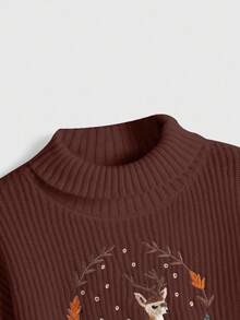 ROMWE Fairycore Áo len dài tay dáng rộng cổ lọ trễ vai thêu hình hươu cho nữ - màu nâu - Xem 3