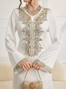 Al Najma 时尚新款重工刺绣领口奢华提花阿拉伯连衣裙 - 白色 - 查看 7