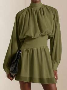 SHEIN Veneréa Autumn New Ruffled Hem Printed Long Sleeve Waist Cinched Mini Dress