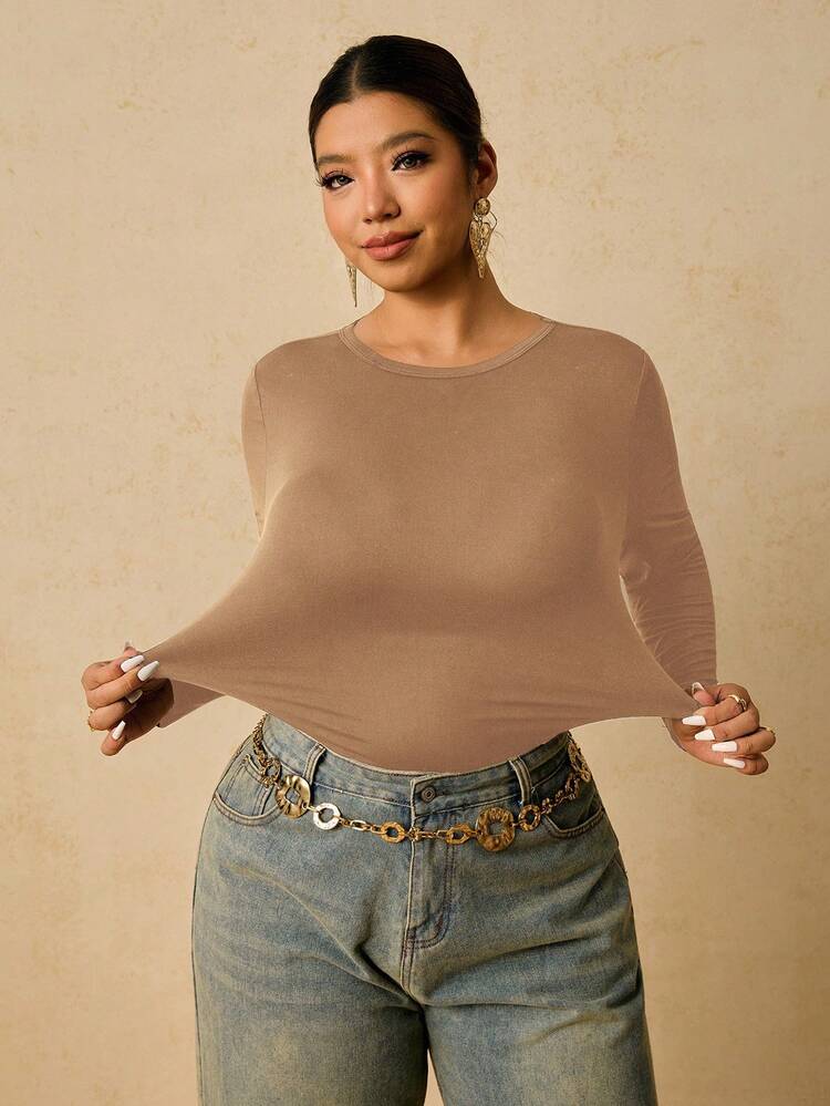 Freevana Camiseta interior térmica de manga larga, cuello redondo y talla grande para mujer, con fruncido en la cintura para control del abdomen - Caqui - Añade 7