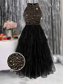 Cravure Plus Size Women's Sequin Patchwork Sleeveless Party Dress, Elegant For Parties - Multicolor - View 8