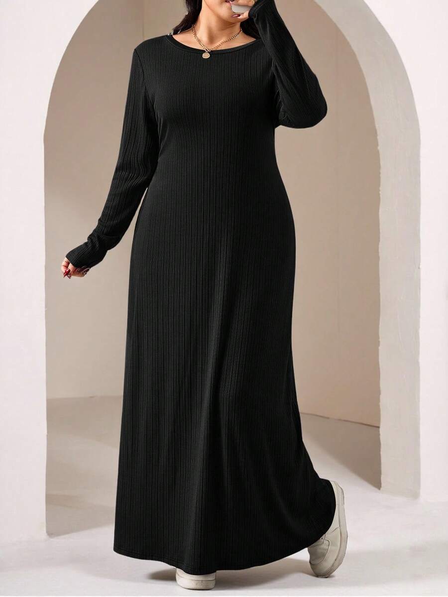 Veilorie Vestido casual de uso diario, de unicolor y cuello redondo, en talla grande - Negro - Ver 1
