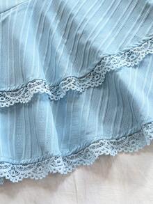 Soleia 女士度假两件套：编织波浪纹理宽肩带背心，搭配荷叶边和抽绳流苏，搭配双荷叶边蕾丝下摆迷你裙。适合派对、情人节、约会、城市街头、度假、下午茶 - 淺藍色 - 查看 6