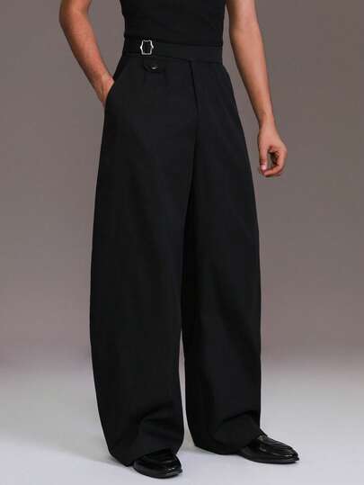 STYNVO Men's Solid Color Waist Buckle Design Pocket Flared Leg Pants Japanese Pants Baggy Black Pants Oversized Pants Loose Pants Designer Pants