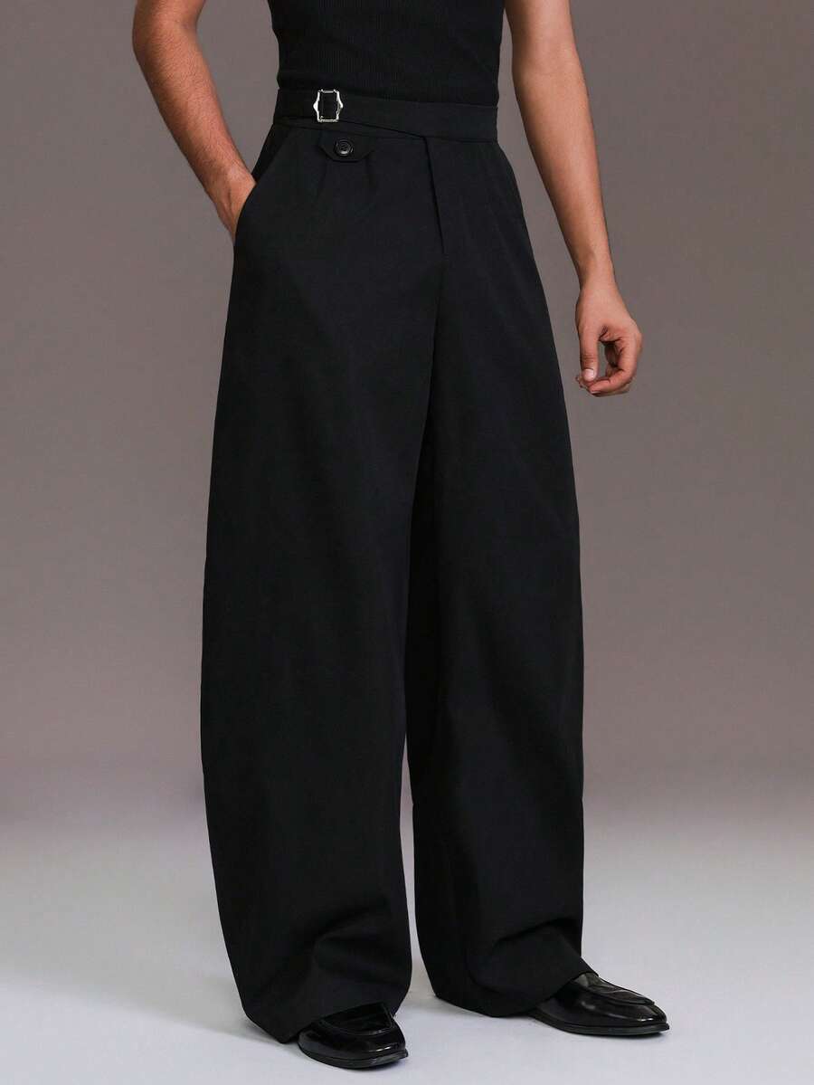 STYNVO 男士纯色腰带扣口袋喇叭裤 - 黑色 - 查看 1