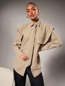 Hauture Tie Front Exaggerated Shoulder Striped Shirt - Apricot - View 5