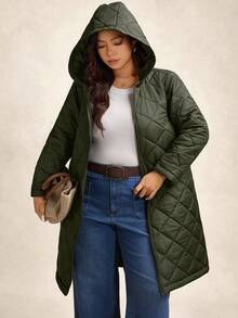 Zelara 大码女式远红外线棉质连帽拉链绗缝外套，黑色，秋冬季 - 軍綠色 - 查看 8