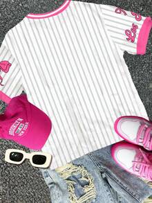 Y2K Streetwear Ballerina Schleife gestreiftes Motiv 23 Grafik locker geschnittenes V-Ausschnitt Kurzarm T-Shirt, Lässig für Teenager Mädchen, Sommer - Verschiedenfarbig - Übersicht 2