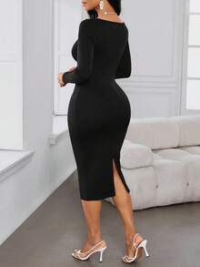 SHEIN Lady Đầm dài tay cổ lệch màu thanh lịch ôm sát, dáng suông, dài vừa phải cho nữ - màu đen - Xem 2
