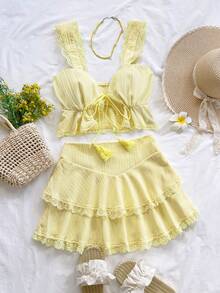 Soleia 2 件套女士套装：编织波浪纹理宽肩带荷叶边饰边系带前流苏背心和蕾丝花边双荷叶边下摆迷你裙，适合派对、约会、城市、度假、下午茶 - 芥末黃 - 查看 5