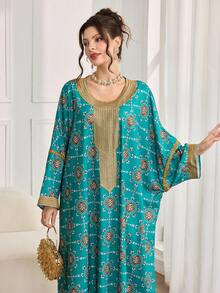 Al Najma Váy Maxi Thổ Nhĩ Kỳ rộng rãi, thường ngày, họa tiết hoa cổ điển, viền vàng, chắp vá dành cho nữ - màu xanh lá - Xem 4