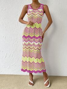 EMERY ROSE Women's Casual Vacation Style Colorblock Zigzag Pattern Fitted Sleeveless Sweater Dress - Multicolor - View 7