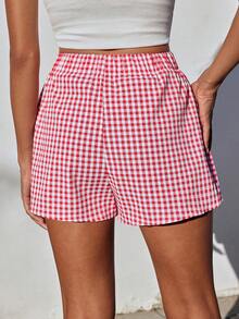 Comfortcana Women Fashionable Everyday Red Plaid Shorts