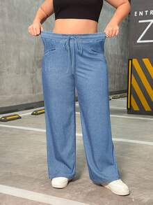 Flexra Celana Jeans Kasual Ukuran Besar Warna Polos dengan Pinggang Elastis Berpilin - Light Wash - View 5