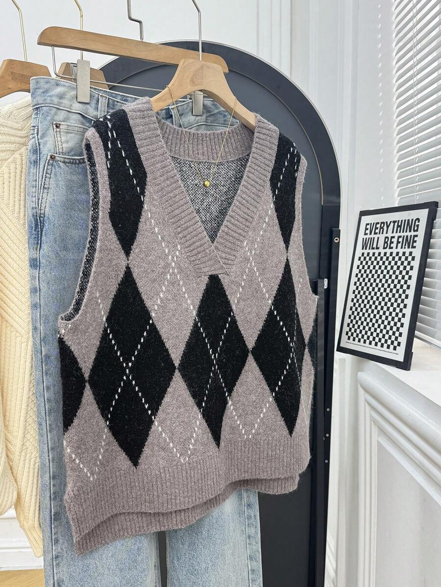 Franclia 女士针织高领毛衣，休闲菱形图案针织上衣 - 彩色 - 查看 1