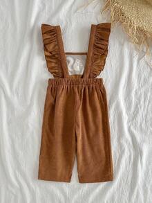 Loomiva Baby Girl Cartoon Squirrel Pattern Round Neck Ruffle Hem Sleeveless Jumpsuit