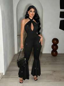 SHEIN SXY 女士纯色时尚亮面镂空无袖连体裤 - 黑色 - 查看 3