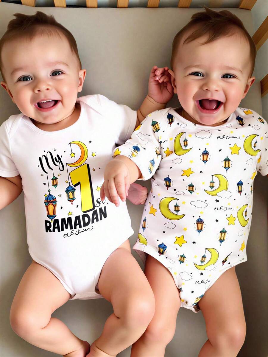 SHEIN Baby Boy Letter Print Round Neck Short Sleeve Casual Bodysuit - Multicolor - View 1
